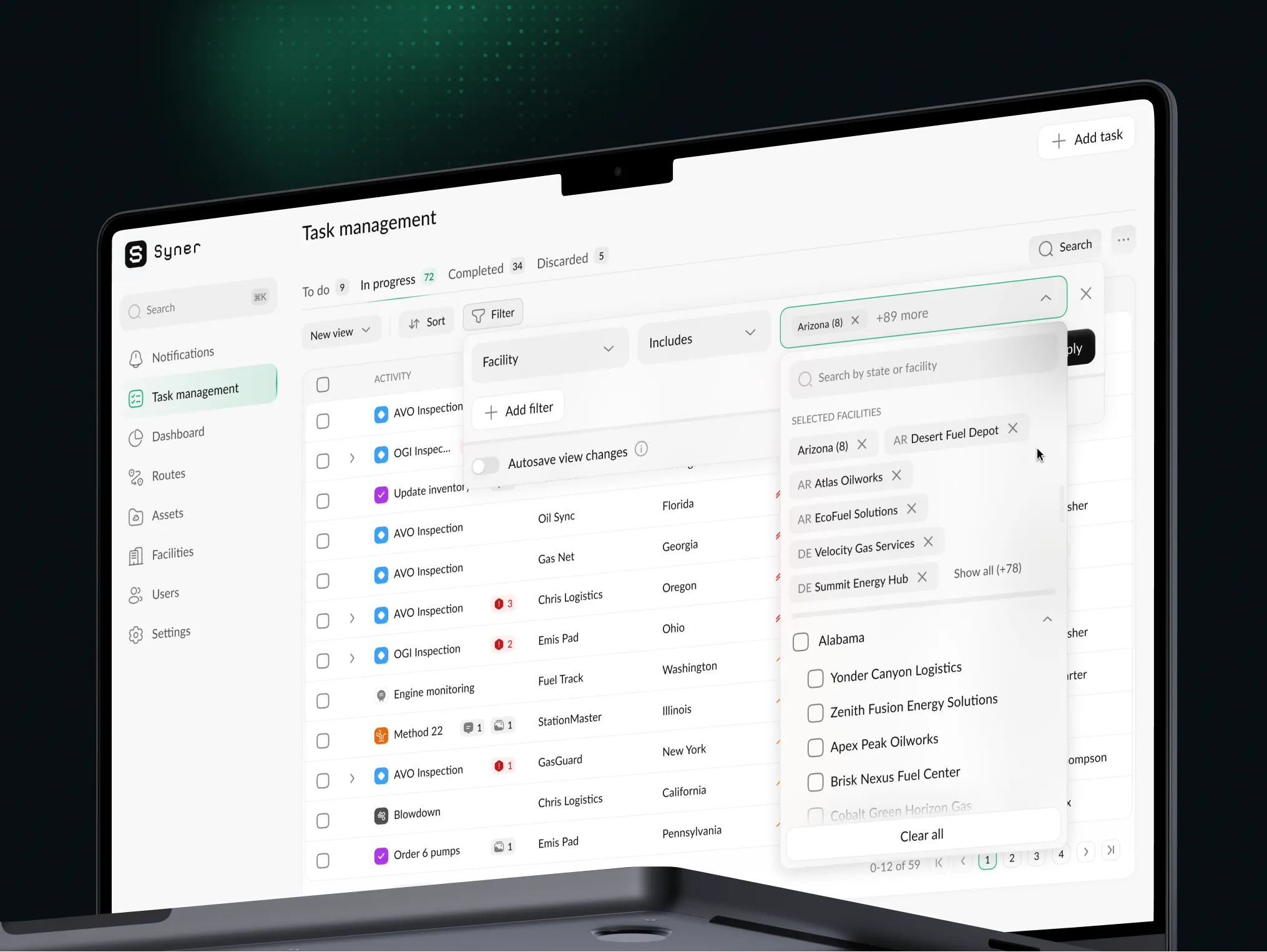 Task management with the facility filter open